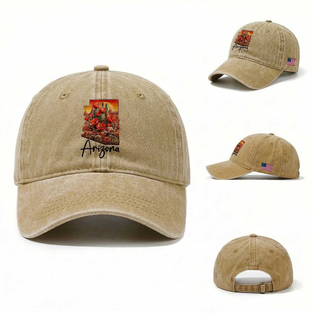 Arizona Map Blooming Cactus Flowers Gift Washed Cotton Baseball Cap