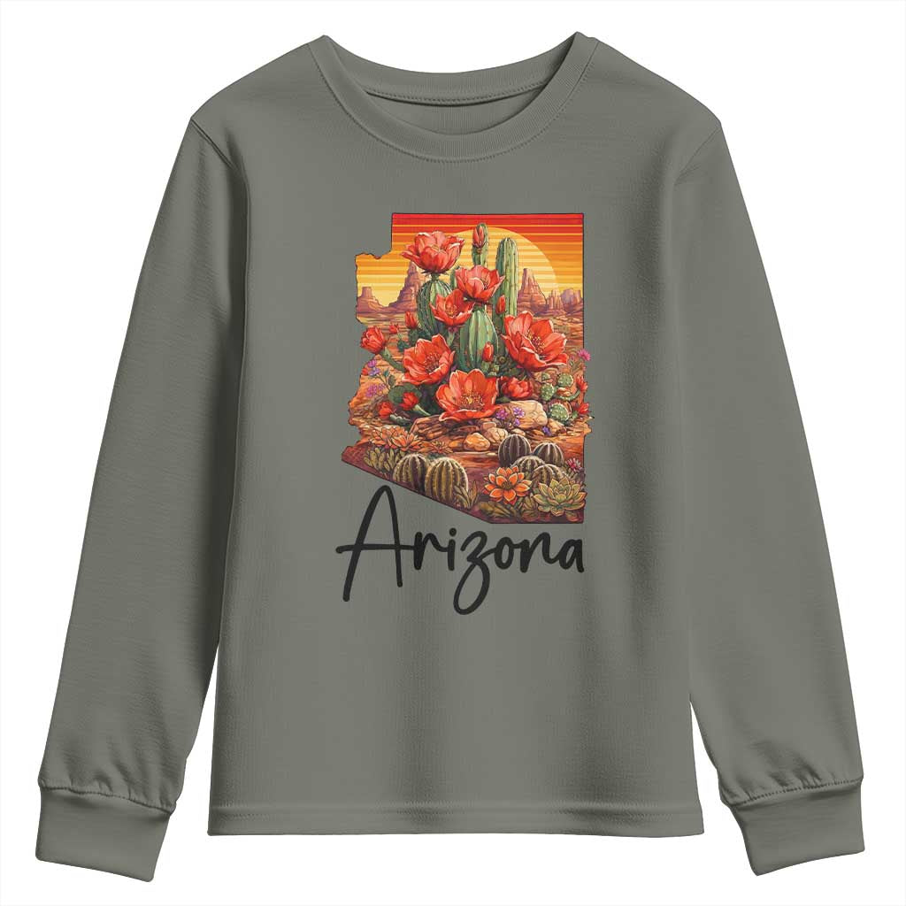 Arizona Map Blooming Cactus Flowers Gift Youth Sweatshirt