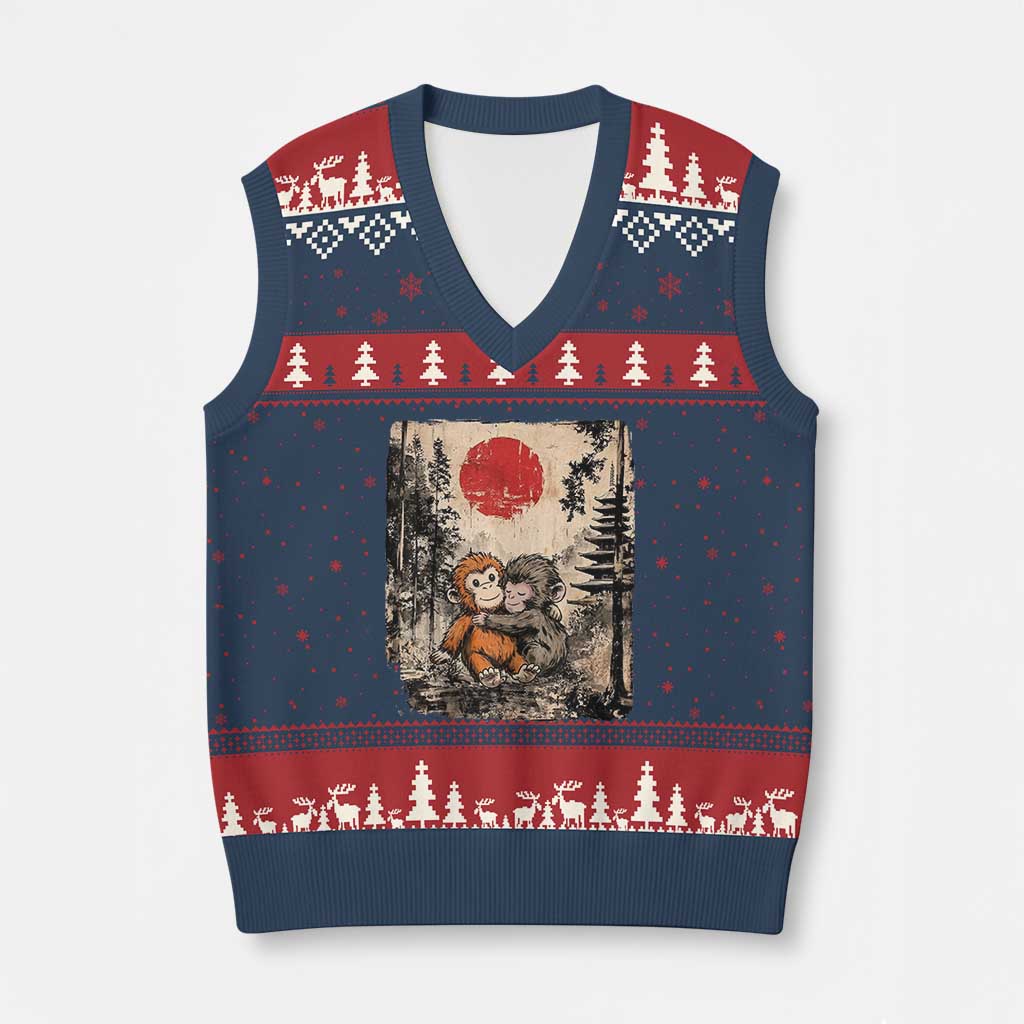 Vintage Japanese Ukiyoe Punch Baby Monkey V-Neck Knit Sweater Vest Kawaii Animal Gift