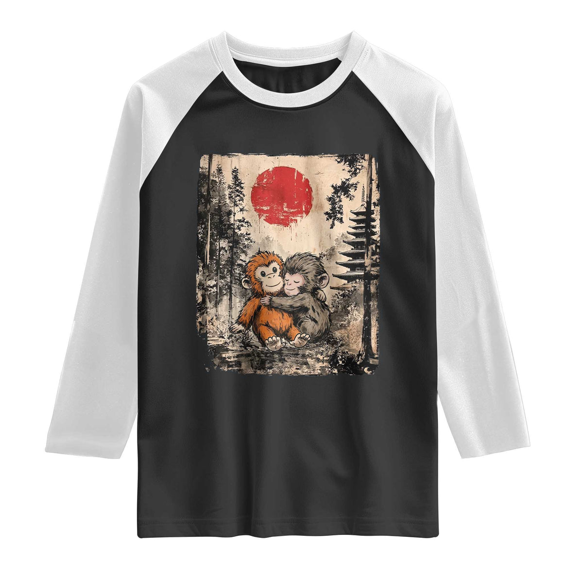 Vintage Japanese Ukiyoe Punch Baby Monkey Raglan Shirt Kawaii Animal Gift