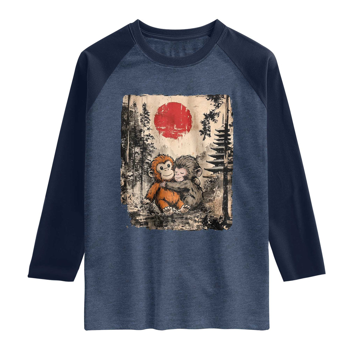 Vintage Japanese Ukiyoe Punch Baby Monkey Raglan Shirt Kawaii Animal Gift