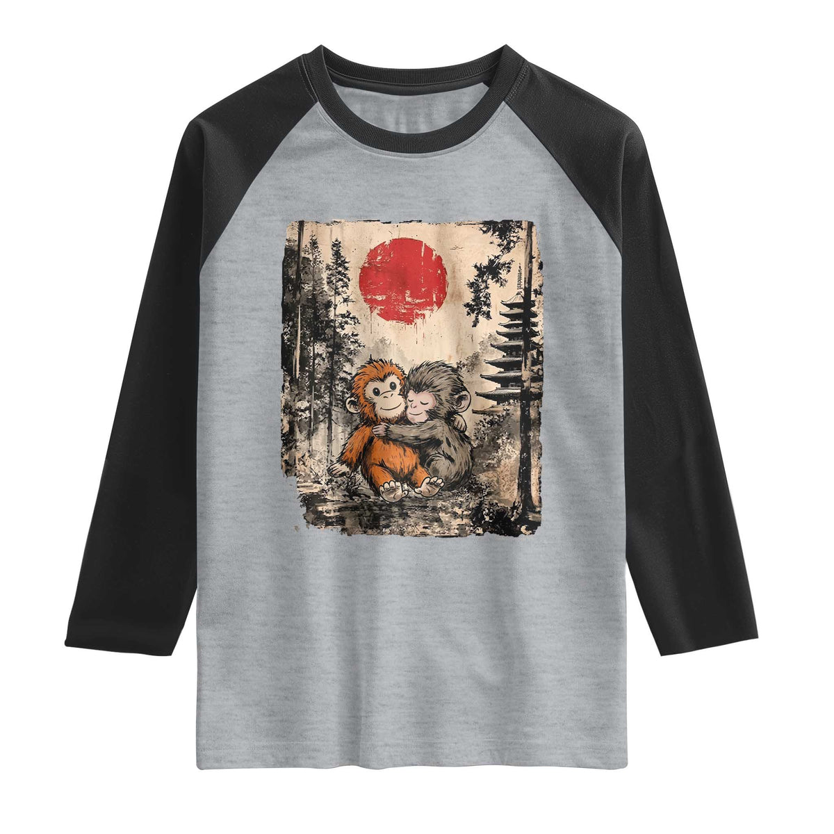 Vintage Japanese Ukiyoe Punch Baby Monkey Raglan Shirt Kawaii Animal Gift