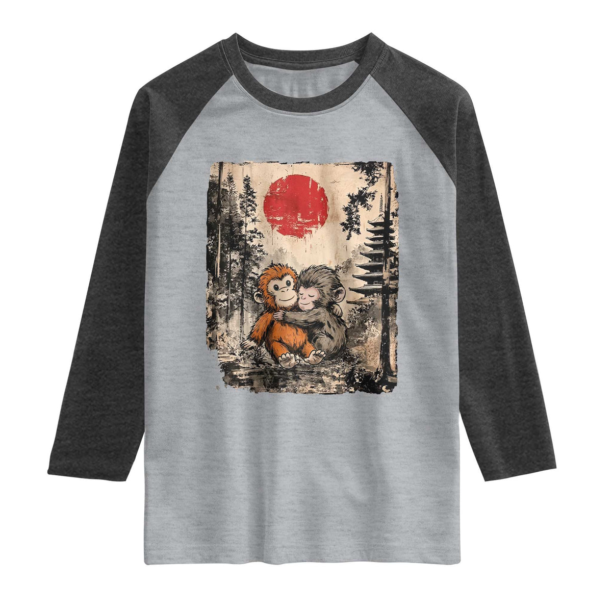 Vintage Japanese Ukiyoe Punch Baby Monkey Raglan Shirt Kawaii Animal Gift