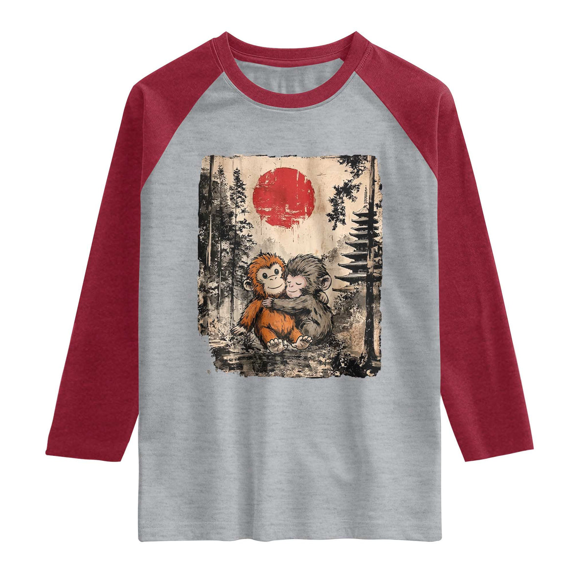 Vintage Japanese Ukiyoe Punch Baby Monkey Raglan Shirt Kawaii Animal Gift