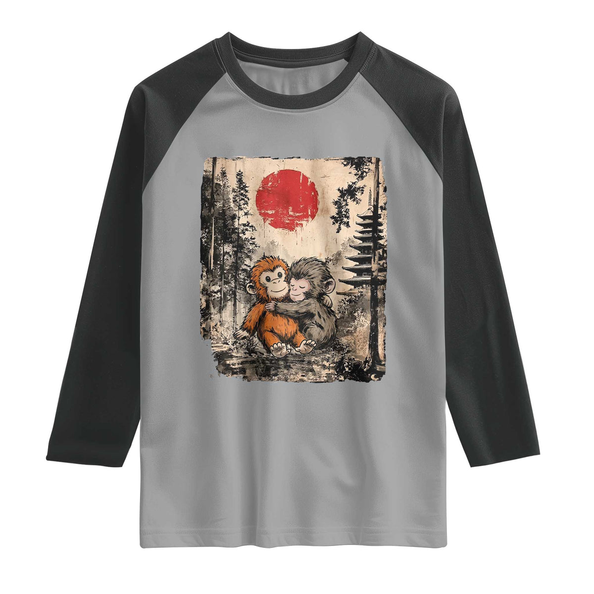 Vintage Japanese Ukiyoe Punch Baby Monkey Raglan Shirt Kawaii Animal Gift