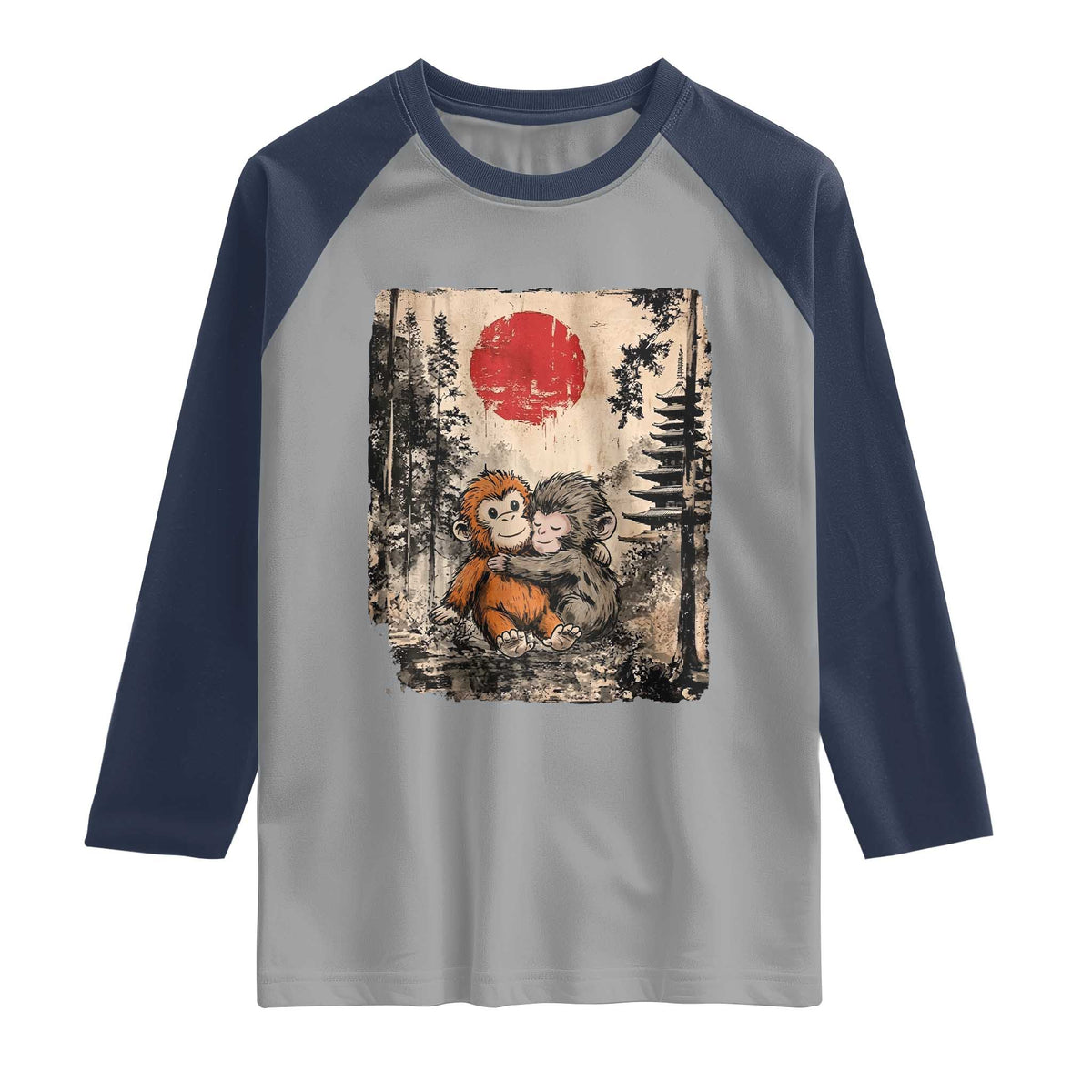 Vintage Japanese Ukiyoe Punch Baby Monkey Raglan Shirt Kawaii Animal Gift