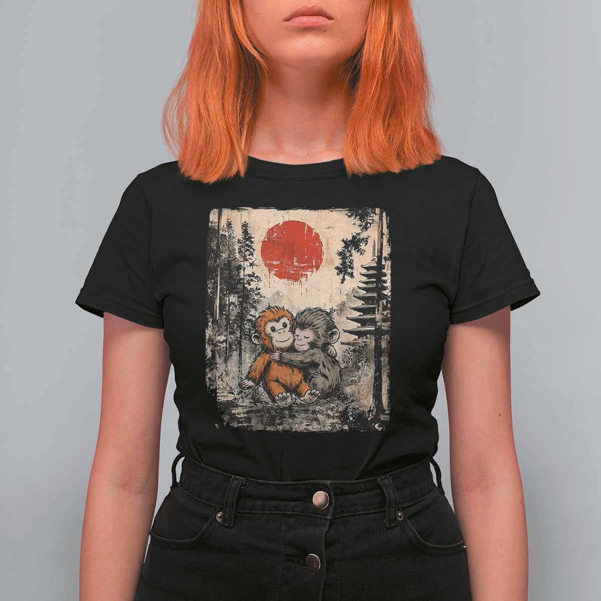 Vintage Japanese Ukiyoe Punch Baby Monkey T Shirt For Women Kawaii Animal Gift