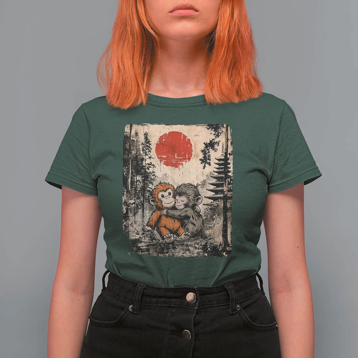 Vintage Japanese Ukiyoe Punch Baby Monkey T Shirt For Women Kawaii Animal Gift
