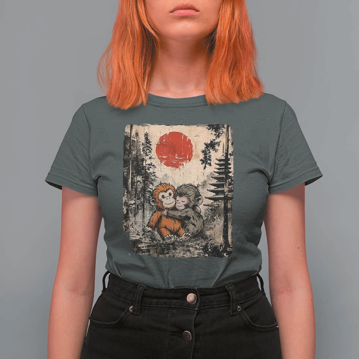 Vintage Japanese Ukiyoe Punch Baby Monkey T Shirt For Women Kawaii Animal Gift