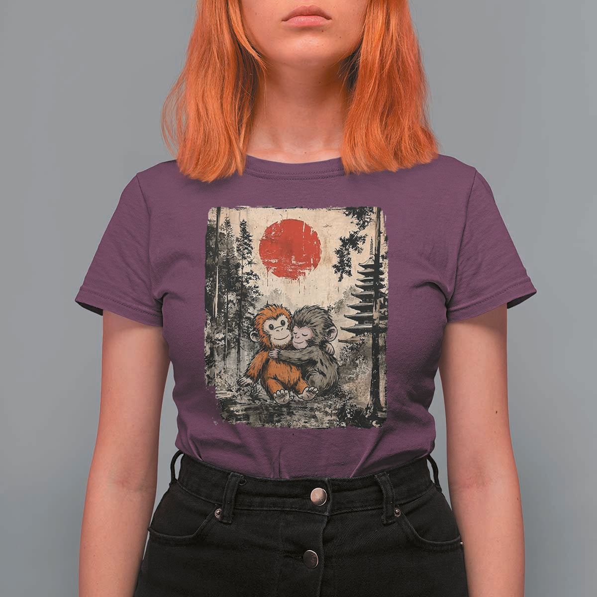 Vintage Japanese Ukiyoe Punch Baby Monkey T Shirt For Women Kawaii Animal Gift