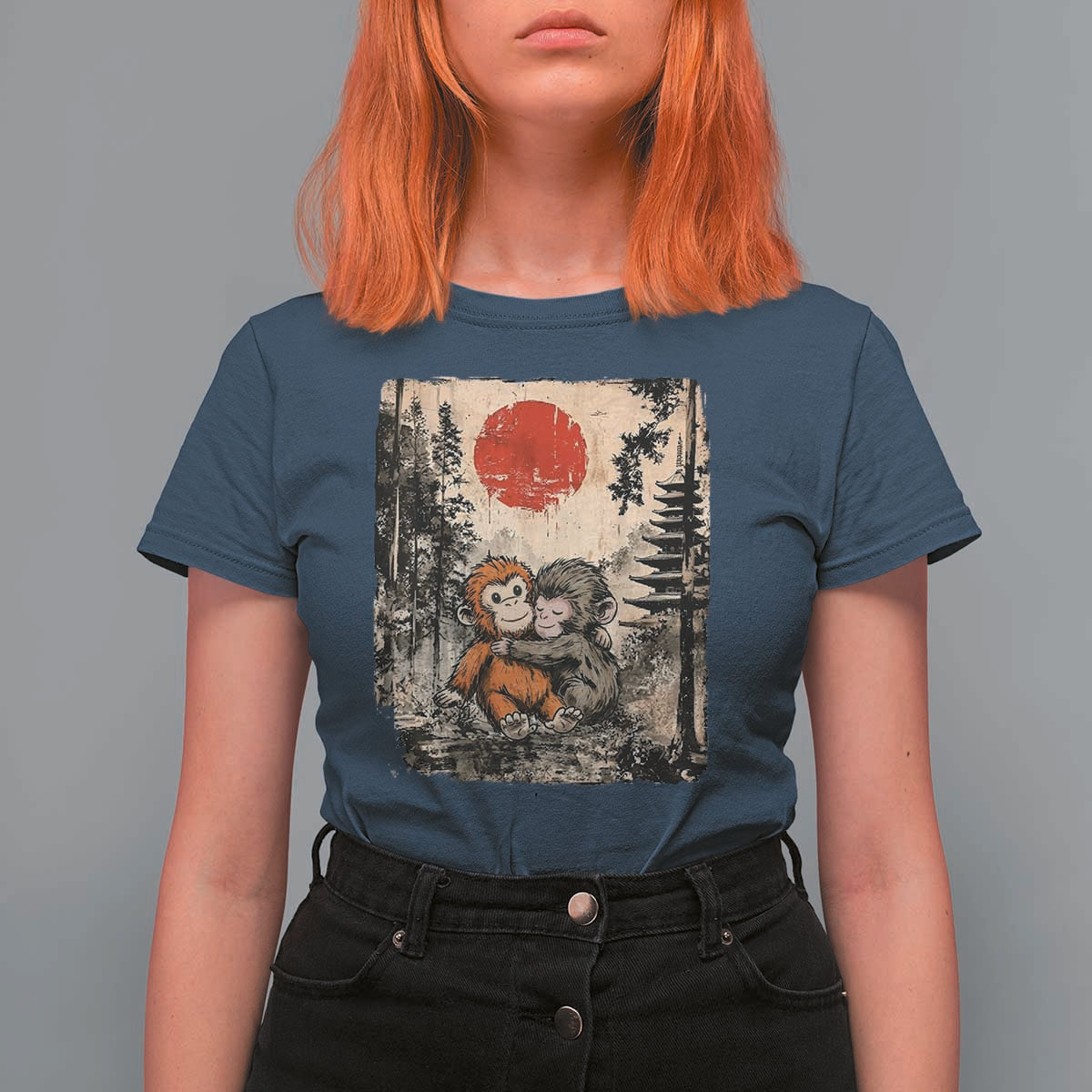 Vintage Japanese Ukiyoe Punch Baby Monkey T Shirt For Women Kawaii Animal Gift