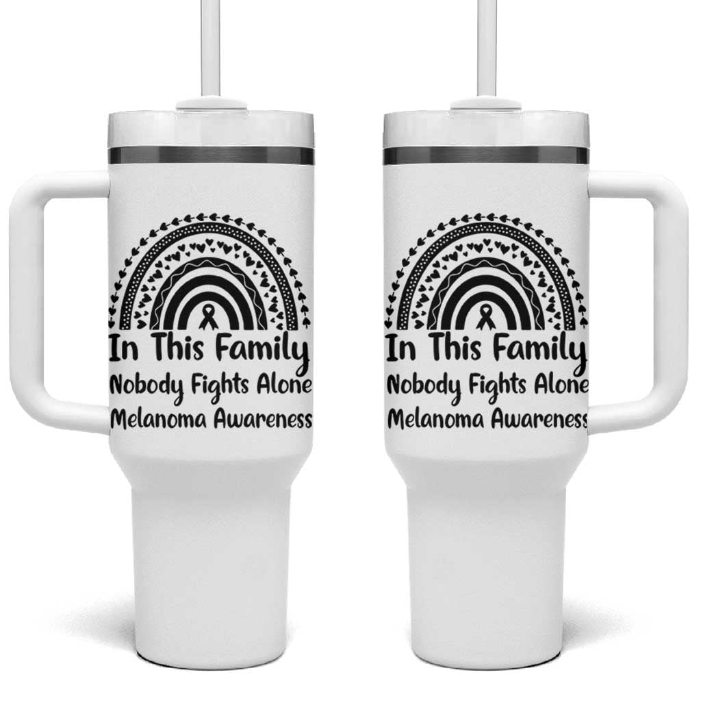 In This Family Nobody Fights Alone Tumbler With Handle Melanoma Warrior Support