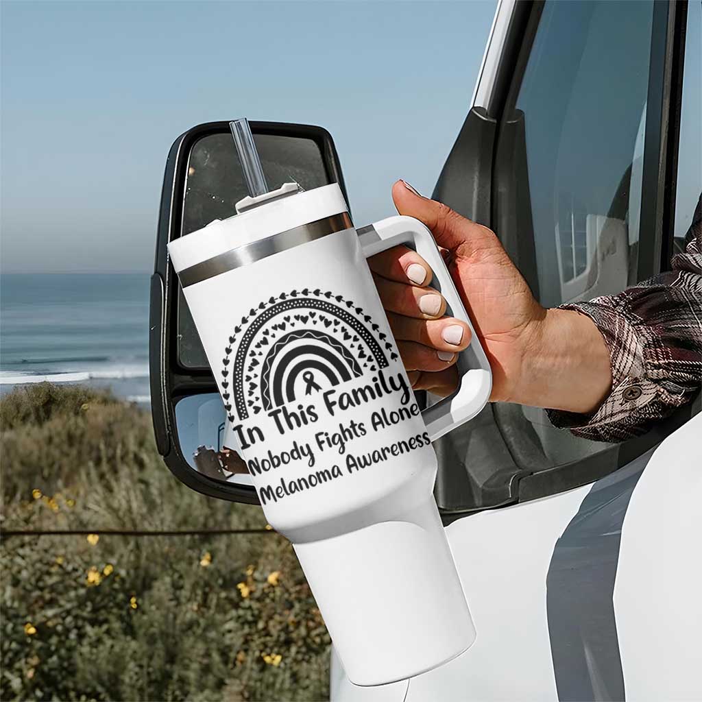 In This Family Nobody Fights Alone Tumbler With Handle Melanoma Warrior Support