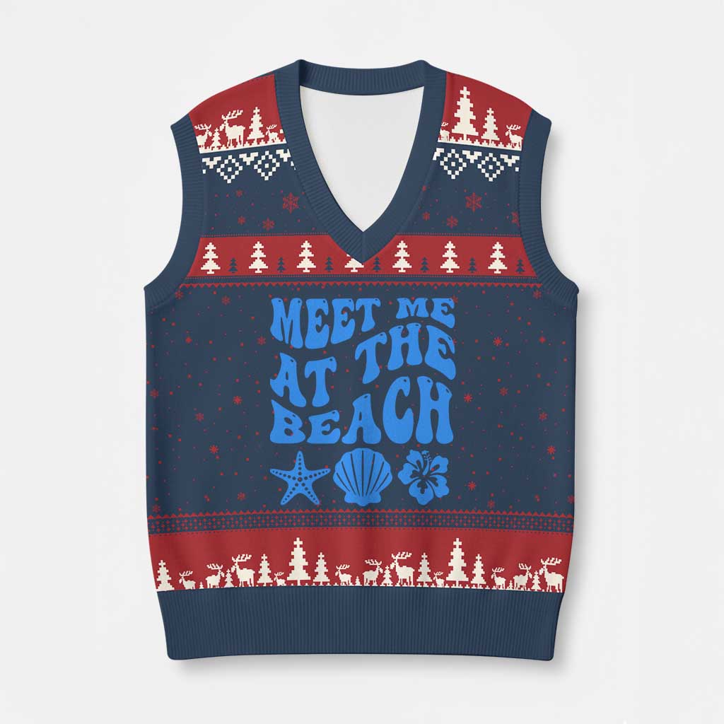 Meet Me At The Beach V-Neck Knit Sweater Vest Tropical Summer Vacation Graphic