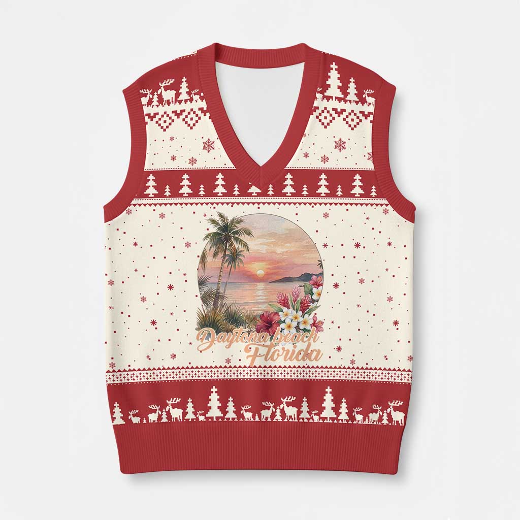 Daytona Beach Florida V-Neck Knit Sweater Vest Tropical Palm Tree Ocean Travel Gift