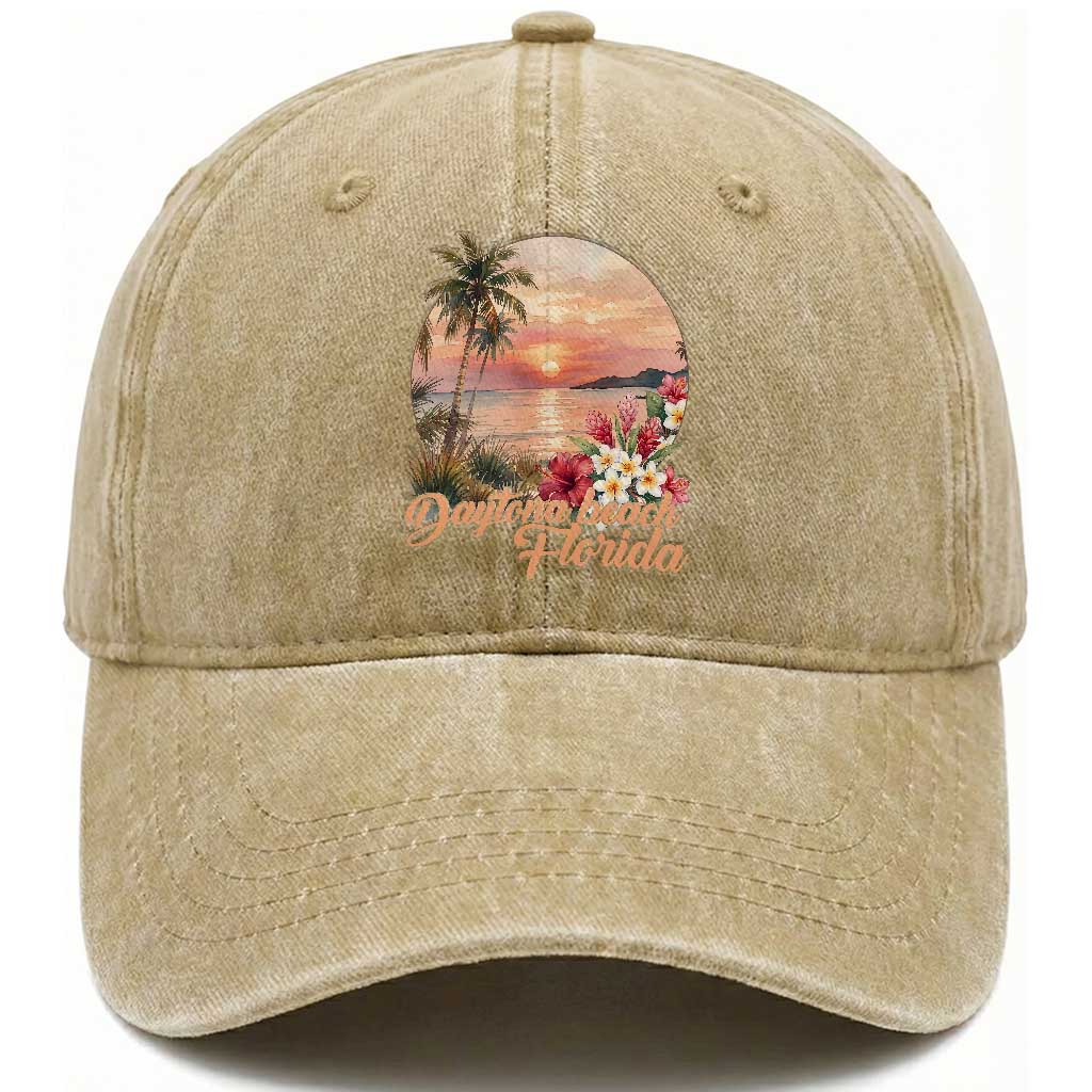 Daytona Beach Florida Washed Cotton Baseball Cap Tropical Palm Tree Ocean Travel Gift