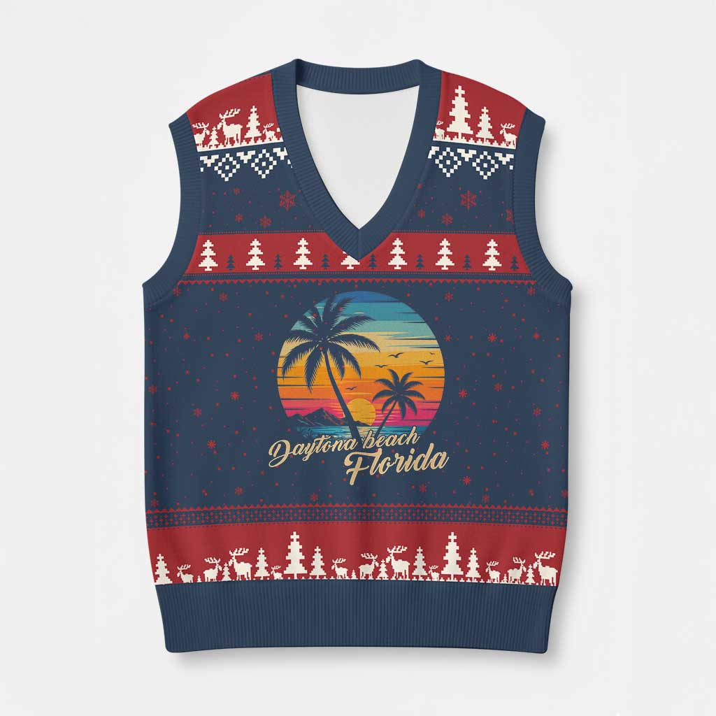 Vintage Daytona Beach Florida V-Neck Knit Sweater Vest Summer Vacation Graphic