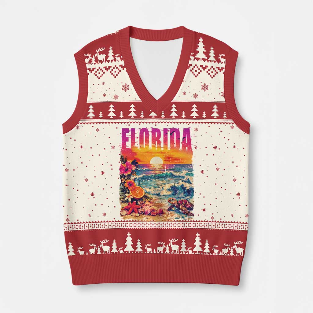 Retro Florida Beach V-Neck Knit Sweater Vest Summer Vacation Gift