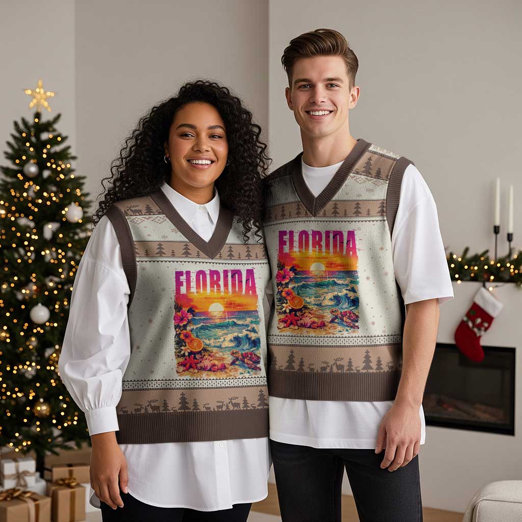 Retro Florida Beach V-Neck Knit Sweater Vest Summer Vacation Gift