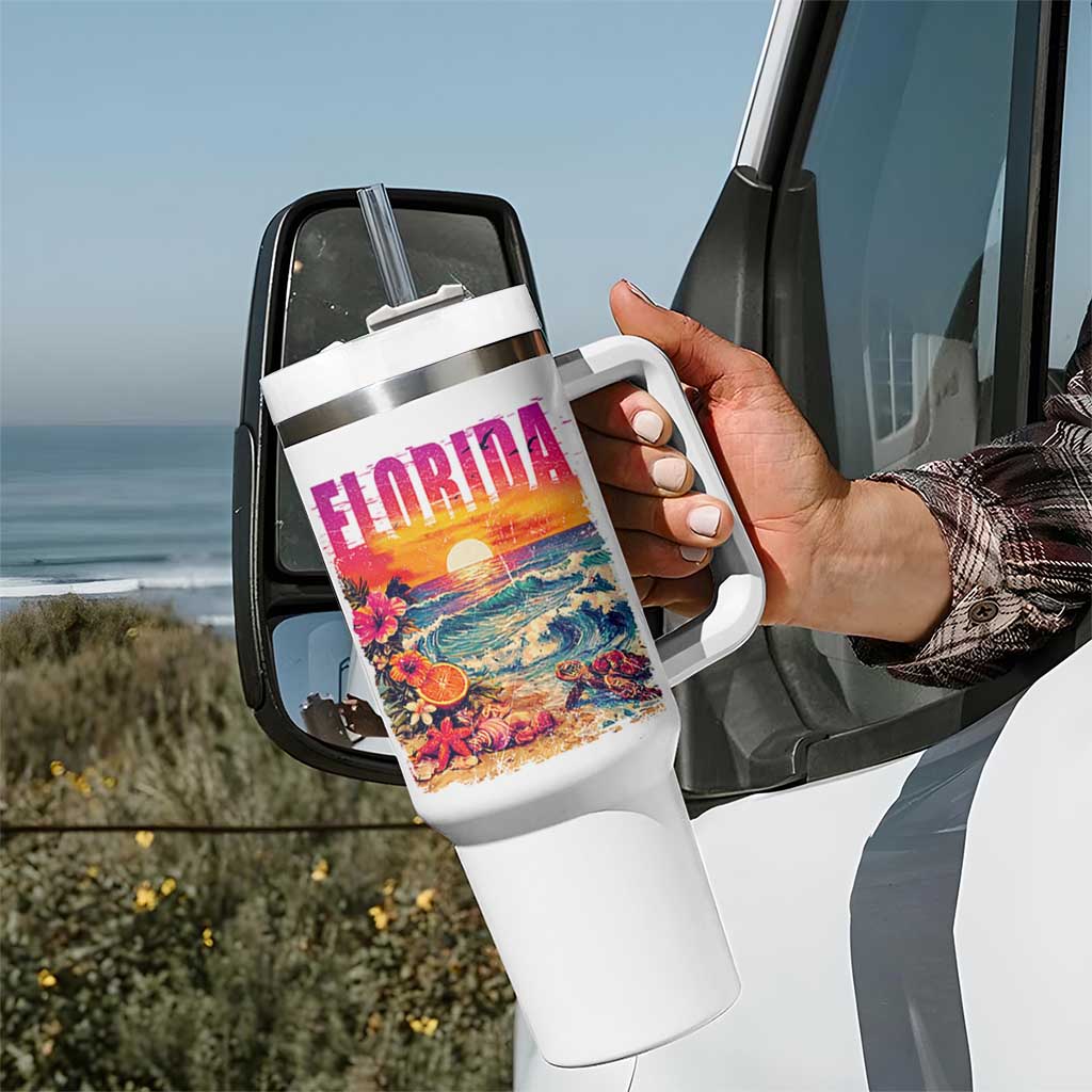 Retro Florida Beach Tumbler With Handle Summer Vacation Gift
