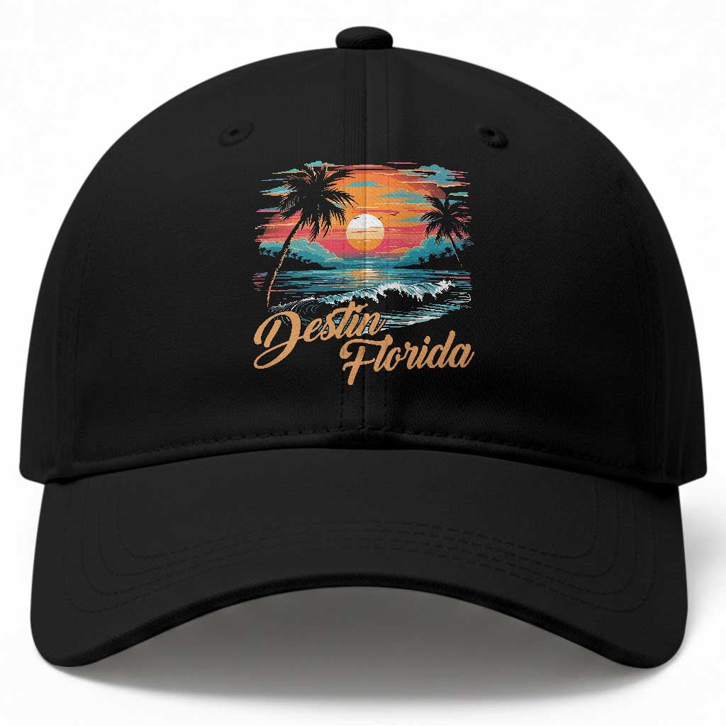 Destin Florida Beach Baseball Cap Retro Sunset Palm Tree Graphic