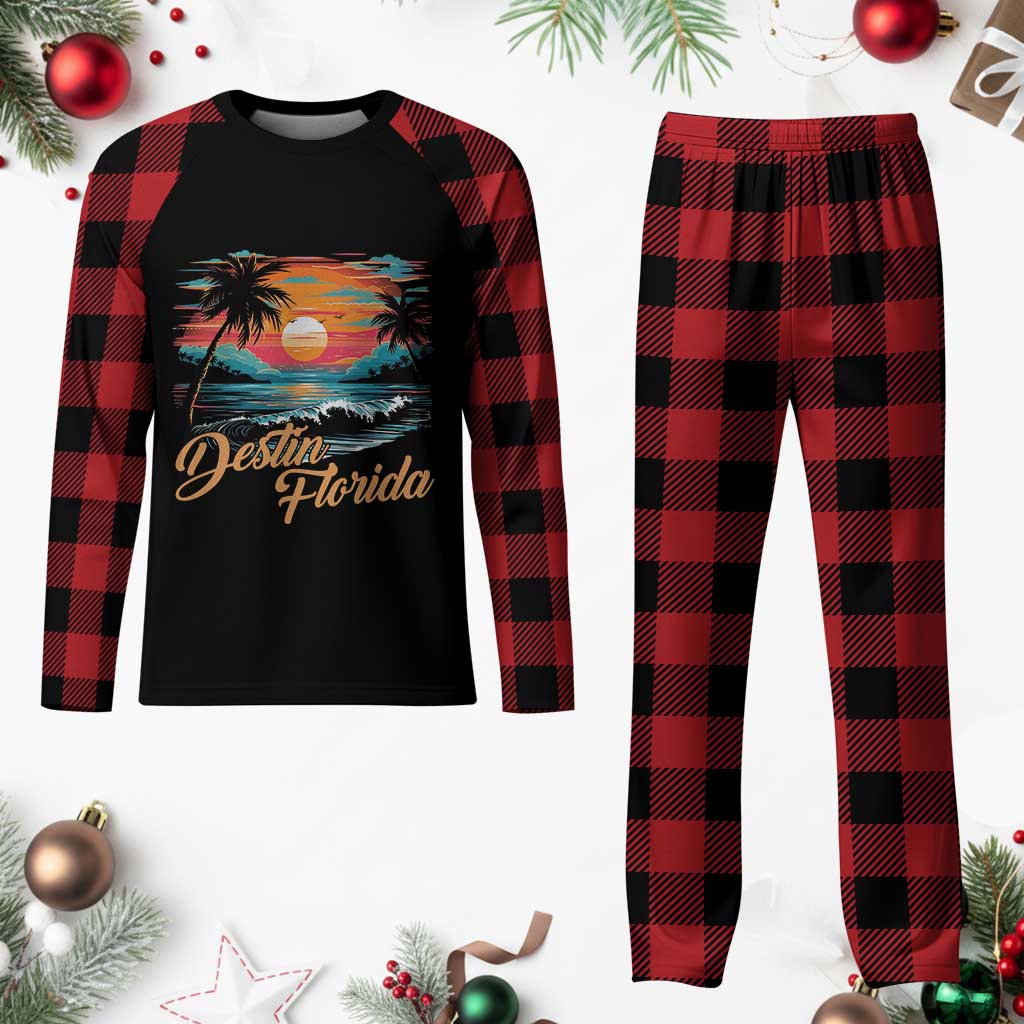Destin Florida Beach Plaid Pajama Set Retro Sunset Palm Tree Graphic