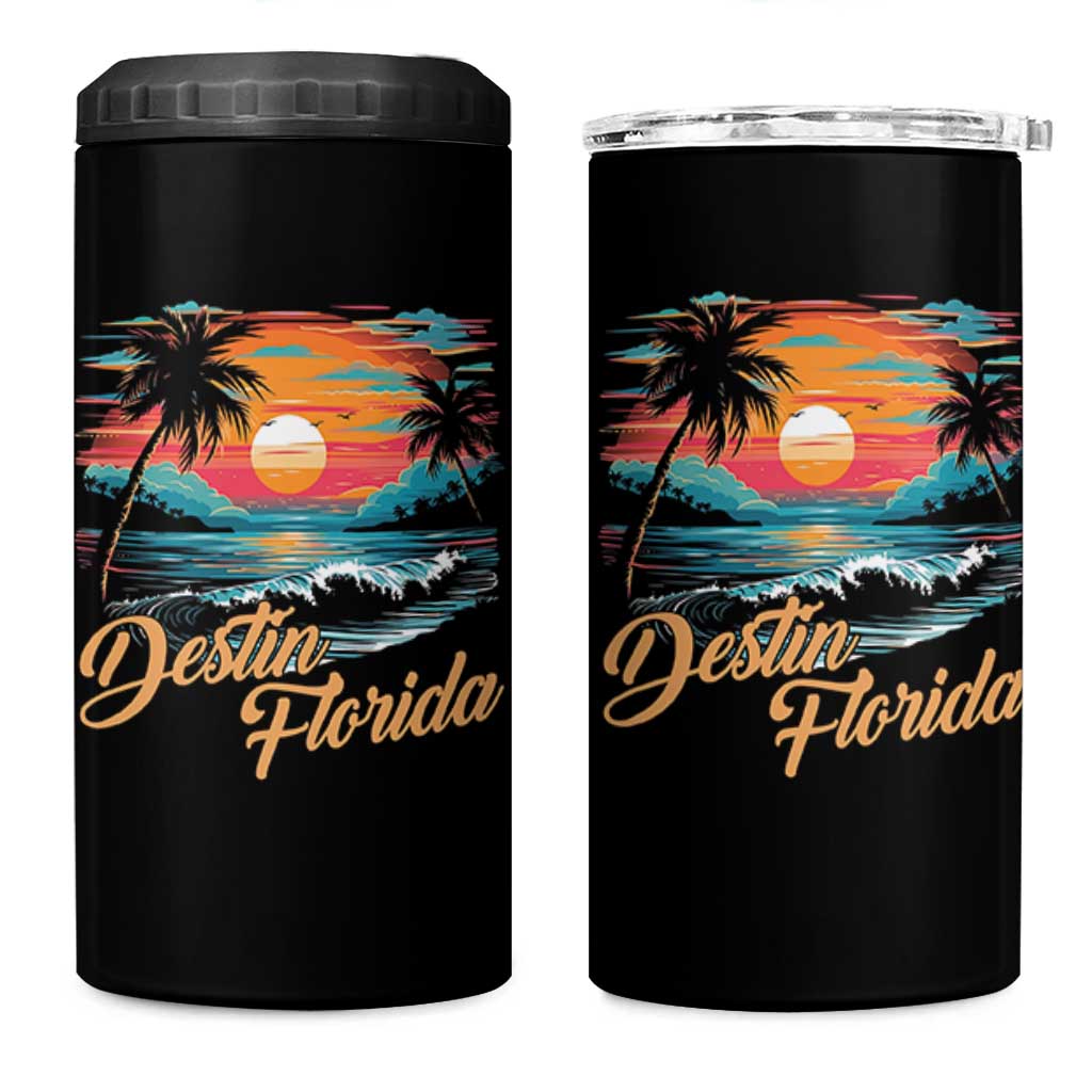Destin Florida Beach 4 in 1 Can Cooler Tumbler Retro Sunset Palm Tree Graphic