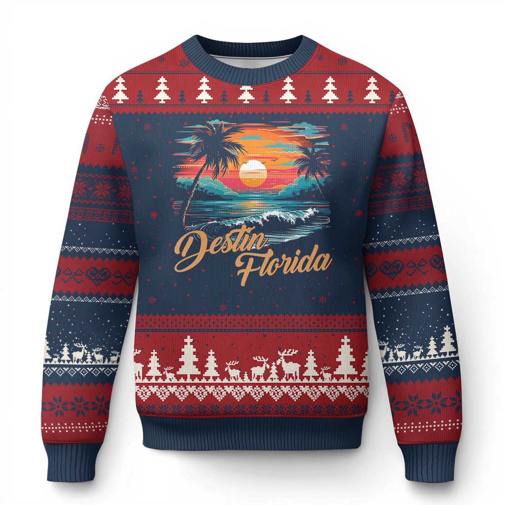 Destin Florida Beach Ugly Christmas Sweater Retro Sunset Palm Tree Graphic