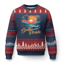 Destin Florida Beach Ugly Christmas Sweater Retro Sunset Palm Tree Graphic