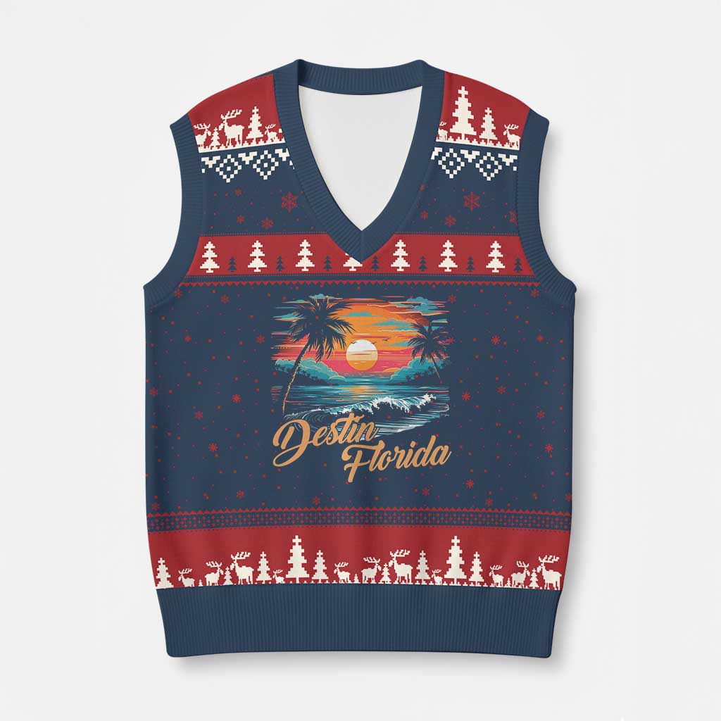 Destin Florida Beach V-Neck Knit Sweater Vest Retro Sunset Palm Tree Graphic