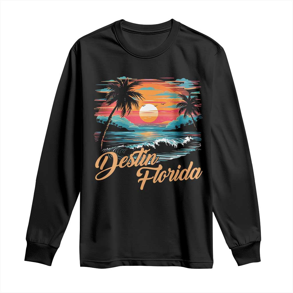 Destin Florida Beach Long Sleeve Shirt Retro Sunset Palm Tree Graphic