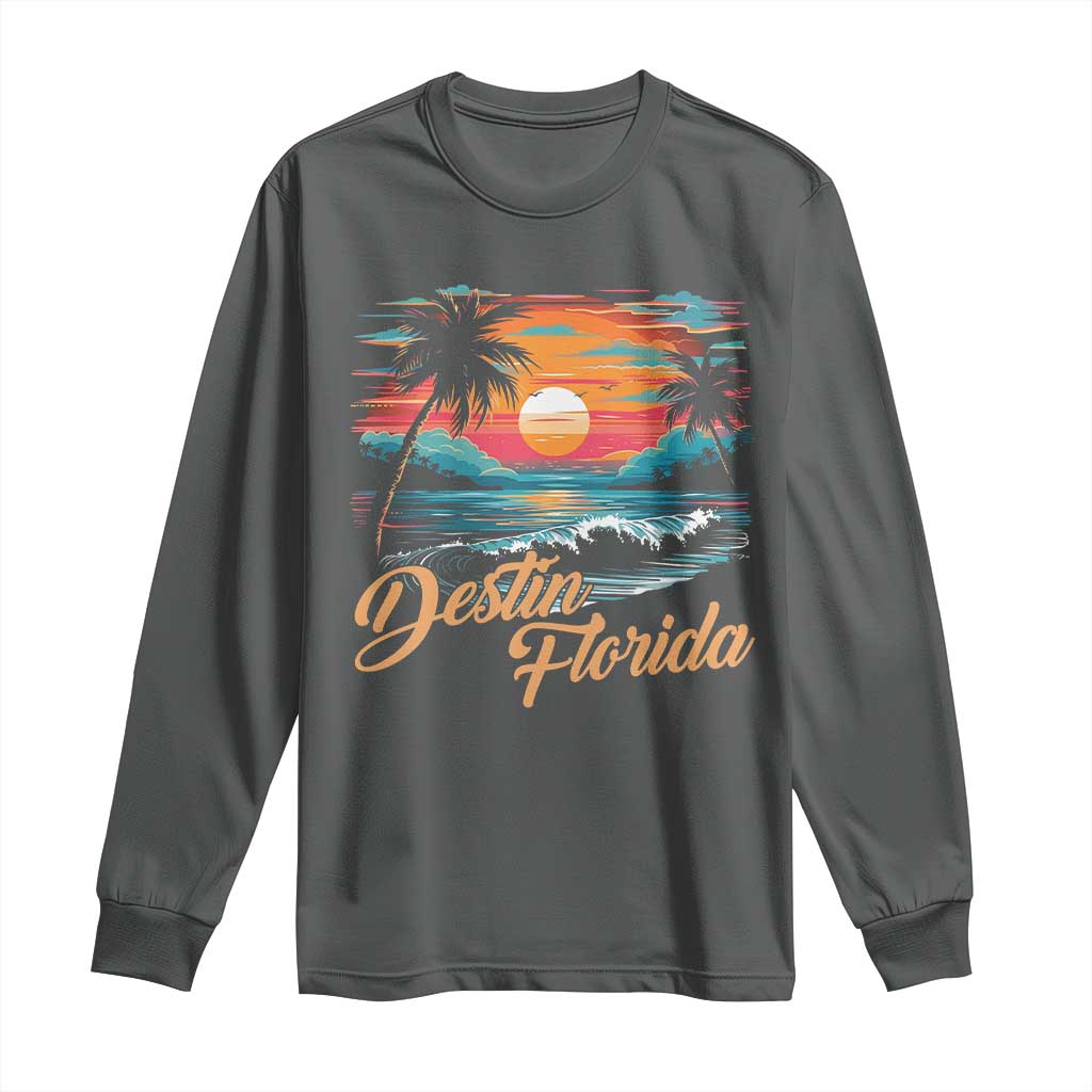 Destin Florida Beach Long Sleeve Shirt Retro Sunset Palm Tree Graphic