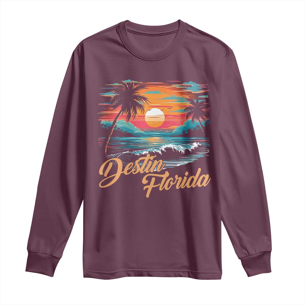 Destin Florida Beach Long Sleeve Shirt Retro Sunset Palm Tree Graphic
