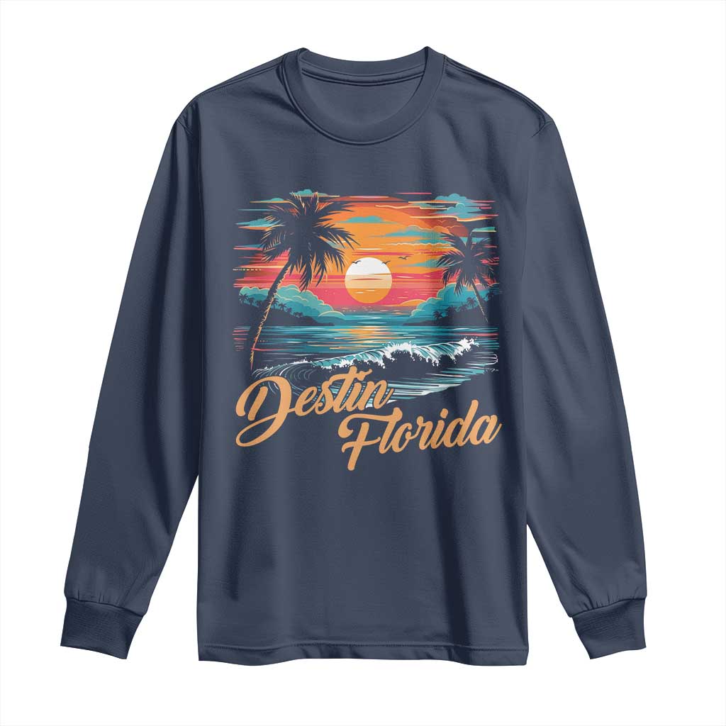 Destin Florida Beach Long Sleeve Shirt Retro Sunset Palm Tree Graphic