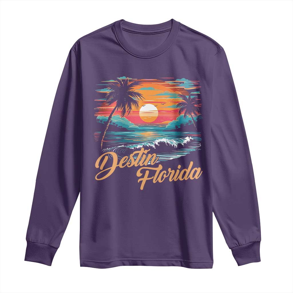 Destin Florida Beach Long Sleeve Shirt Retro Sunset Palm Tree Graphic