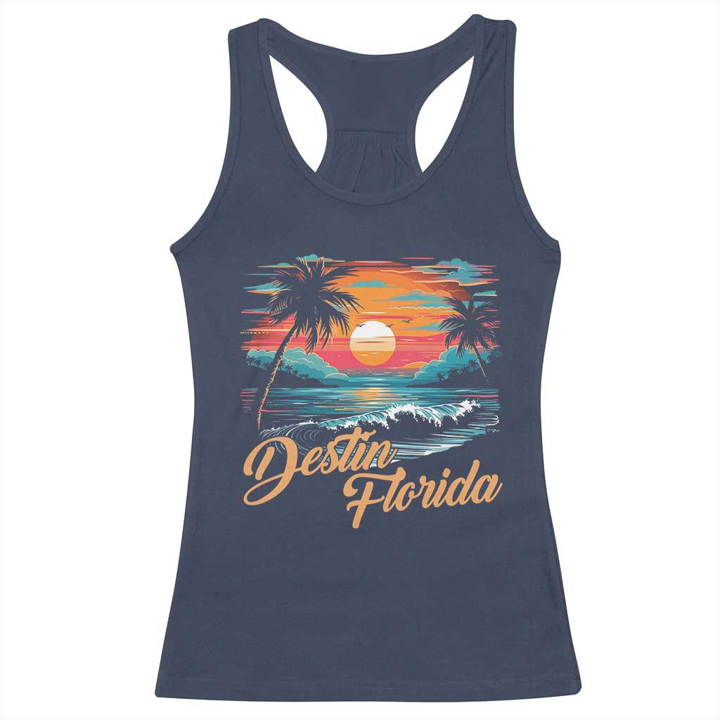 Destin Florida Beach Racerback Tank Top Retro Sunset Palm Tree Graphic