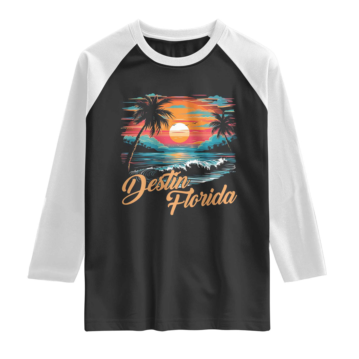 Destin Florida Beach Raglan Shirt Retro Sunset Palm Tree Graphic