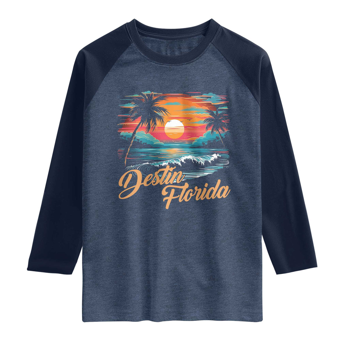 Destin Florida Beach Raglan Shirt Retro Sunset Palm Tree Graphic