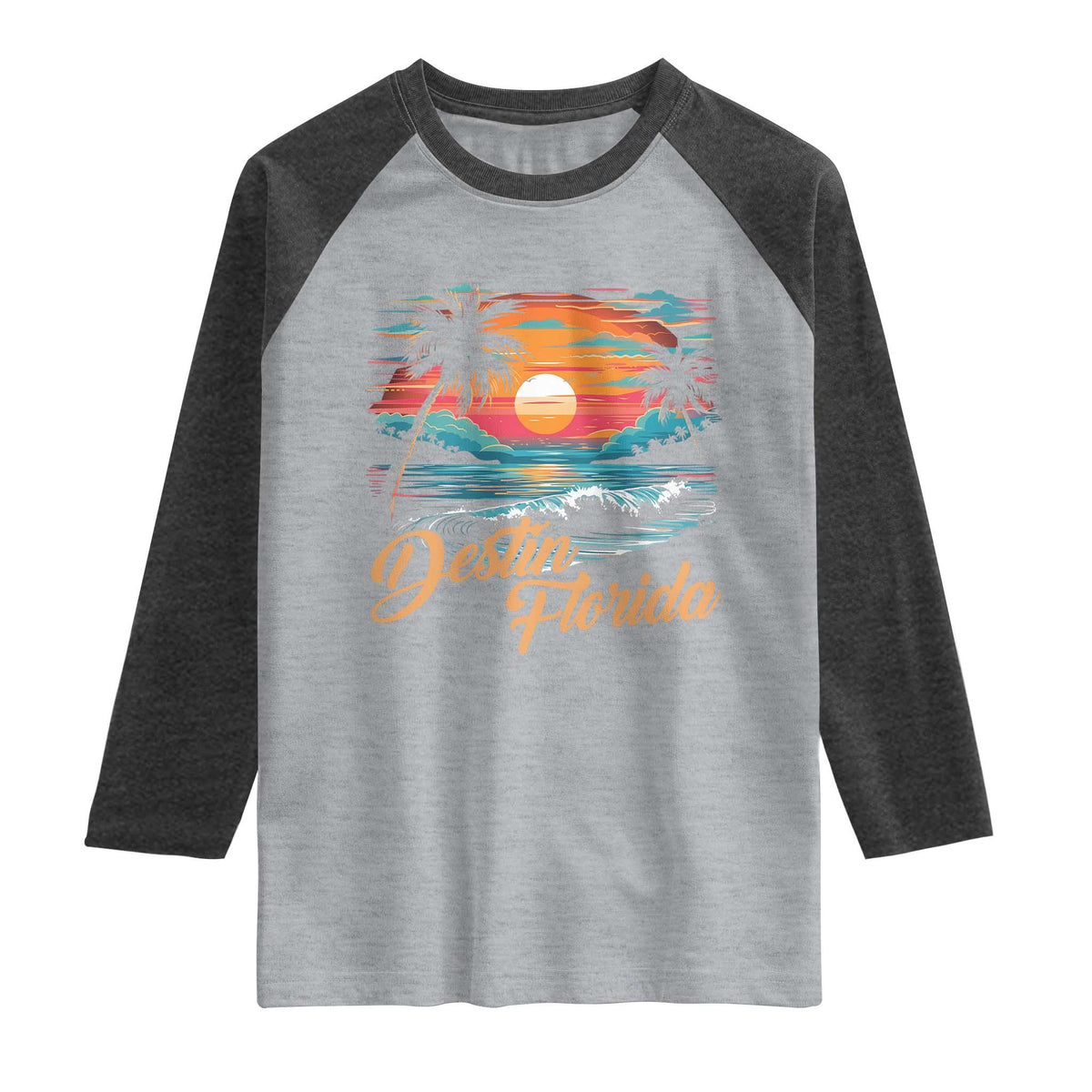 Destin Florida Beach Raglan Shirt Retro Sunset Palm Tree Graphic