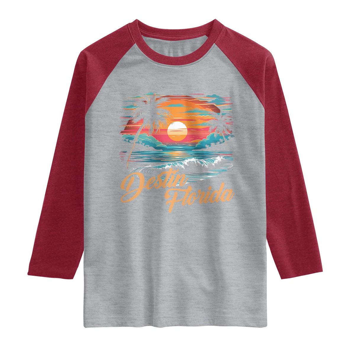 Destin Florida Beach Raglan Shirt Retro Sunset Palm Tree Graphic