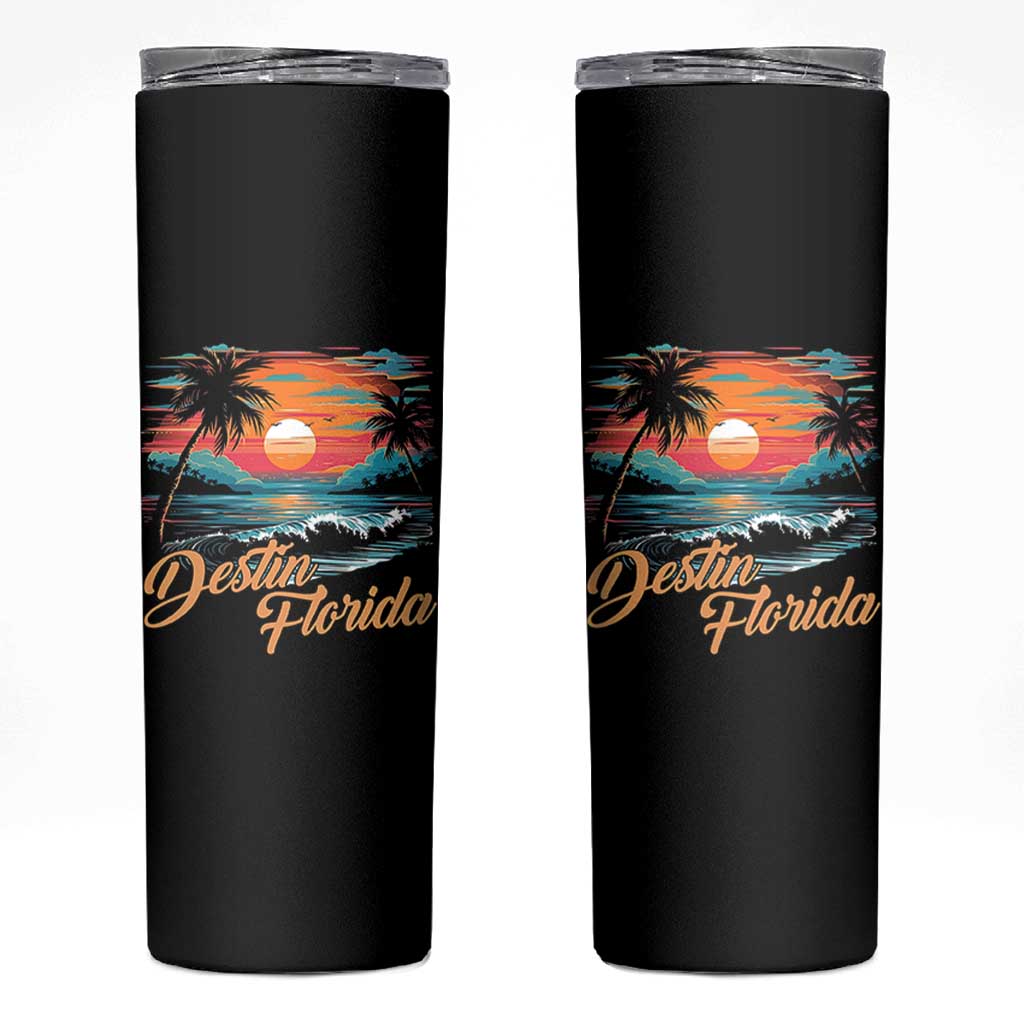 Destin Florida Beach Skinny Tumbler Retro Sunset Palm Tree Graphic
