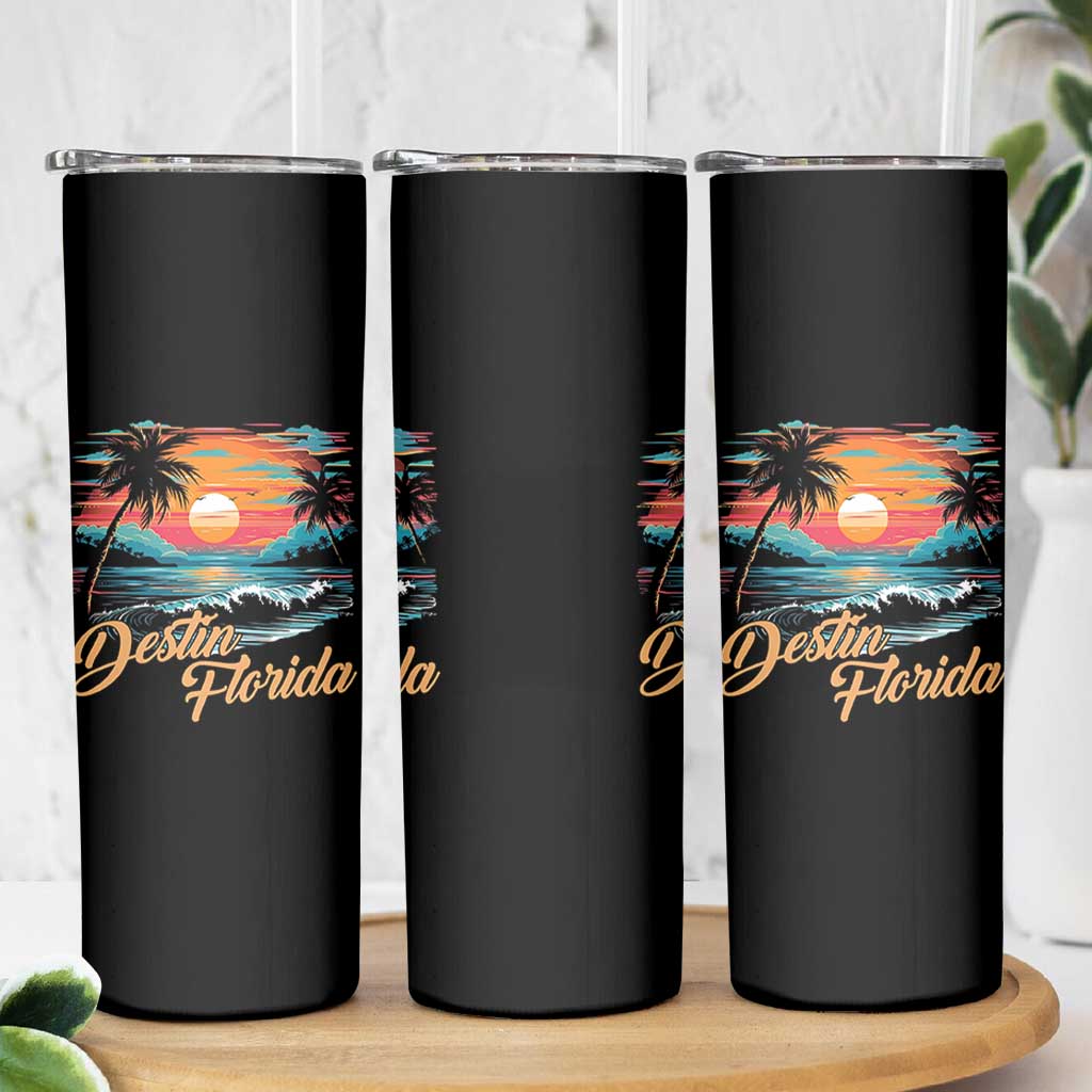 Destin Florida Beach Skinny Tumbler Retro Sunset Palm Tree Graphic