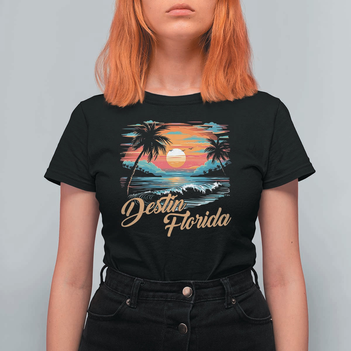 Destin Florida Beach T Shirt For Women Retro Sunset Palm Tree Graphic