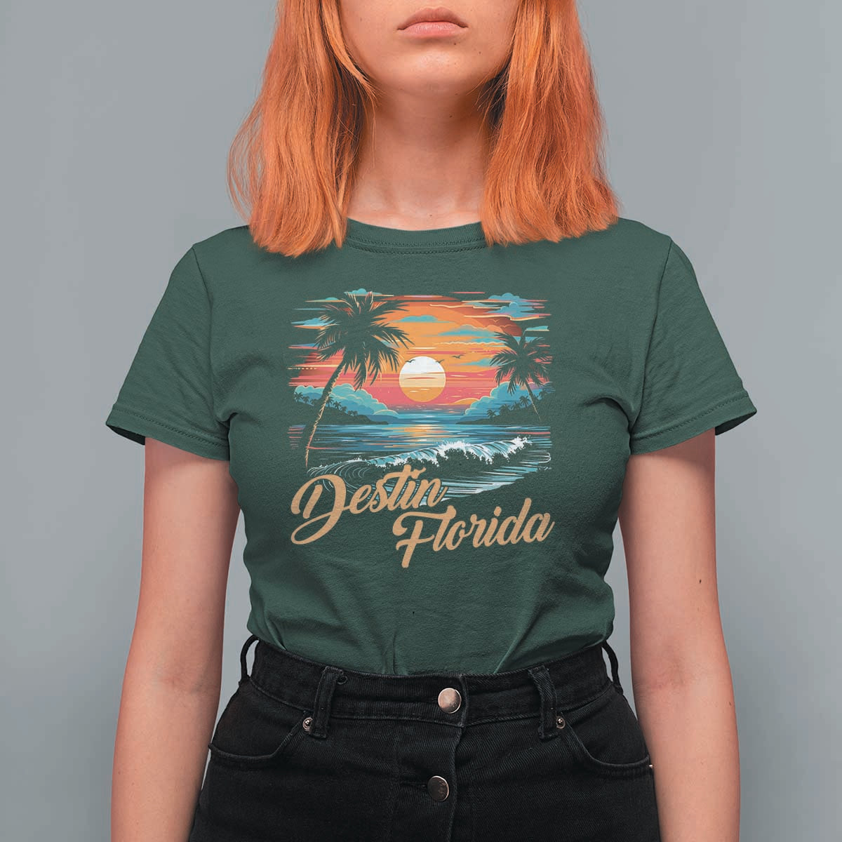 Destin Florida Beach T Shirt For Women Retro Sunset Palm Tree Graphic