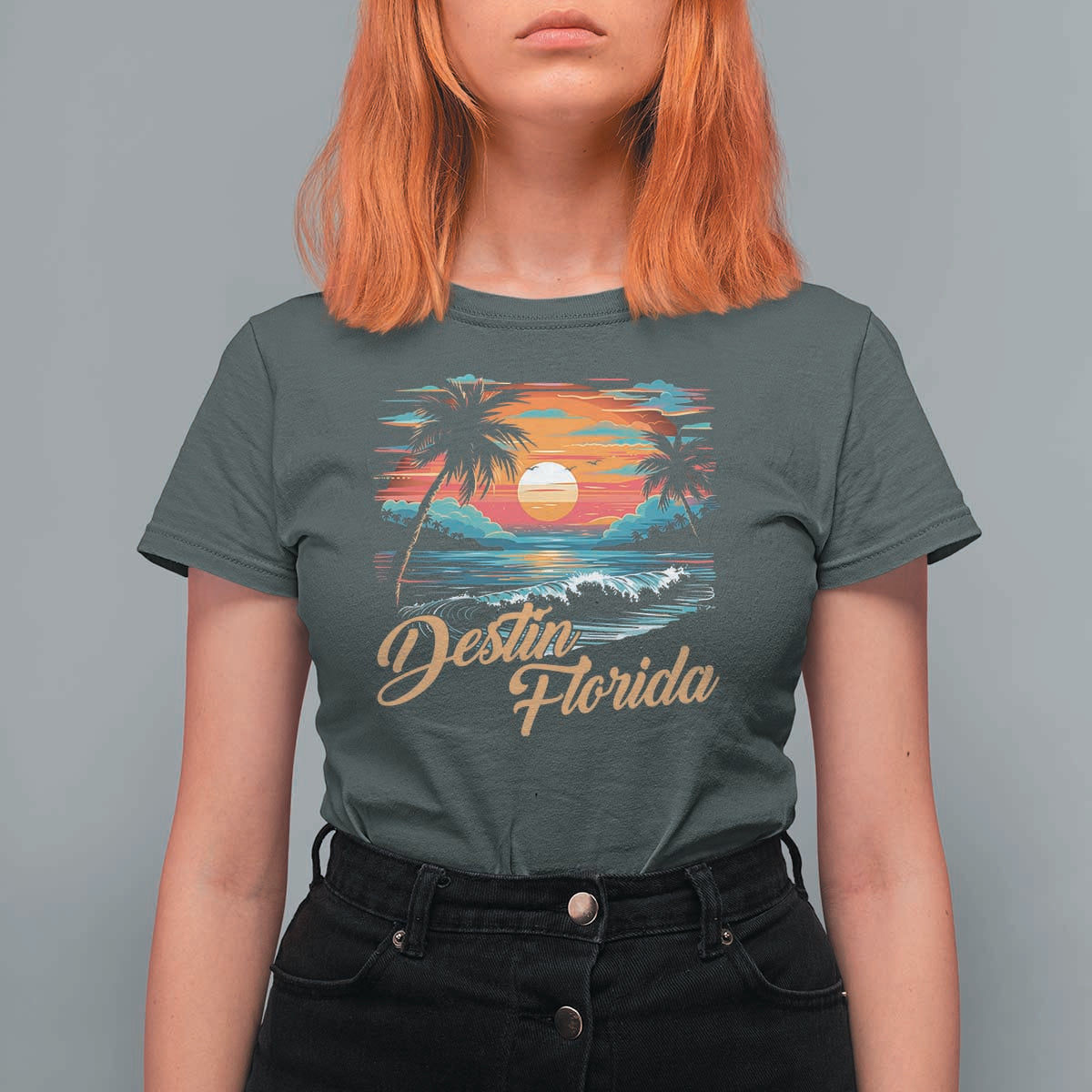 Destin Florida Beach T Shirt For Women Retro Sunset Palm Tree Graphic