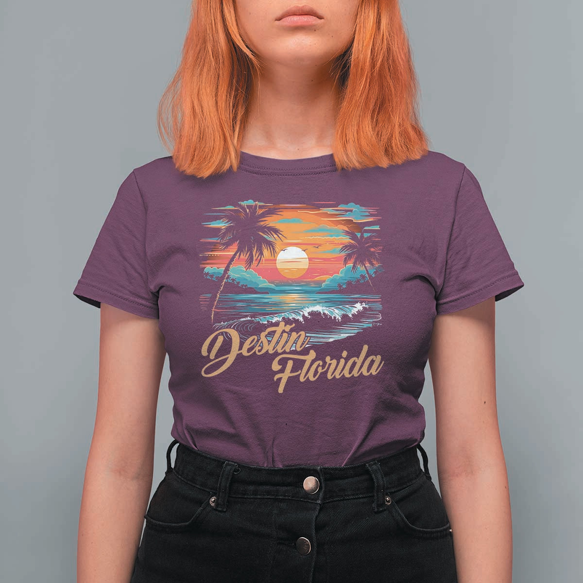 Destin Florida Beach T Shirt For Women Retro Sunset Palm Tree Graphic