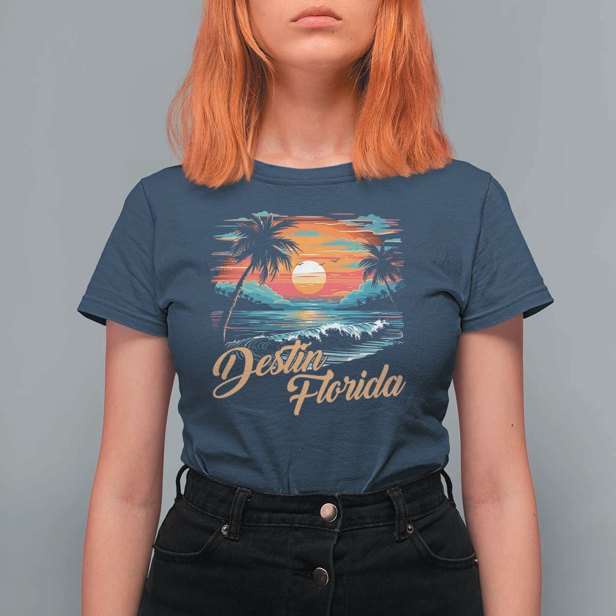 Destin Florida Beach T Shirt For Women Retro Sunset Palm Tree Graphic