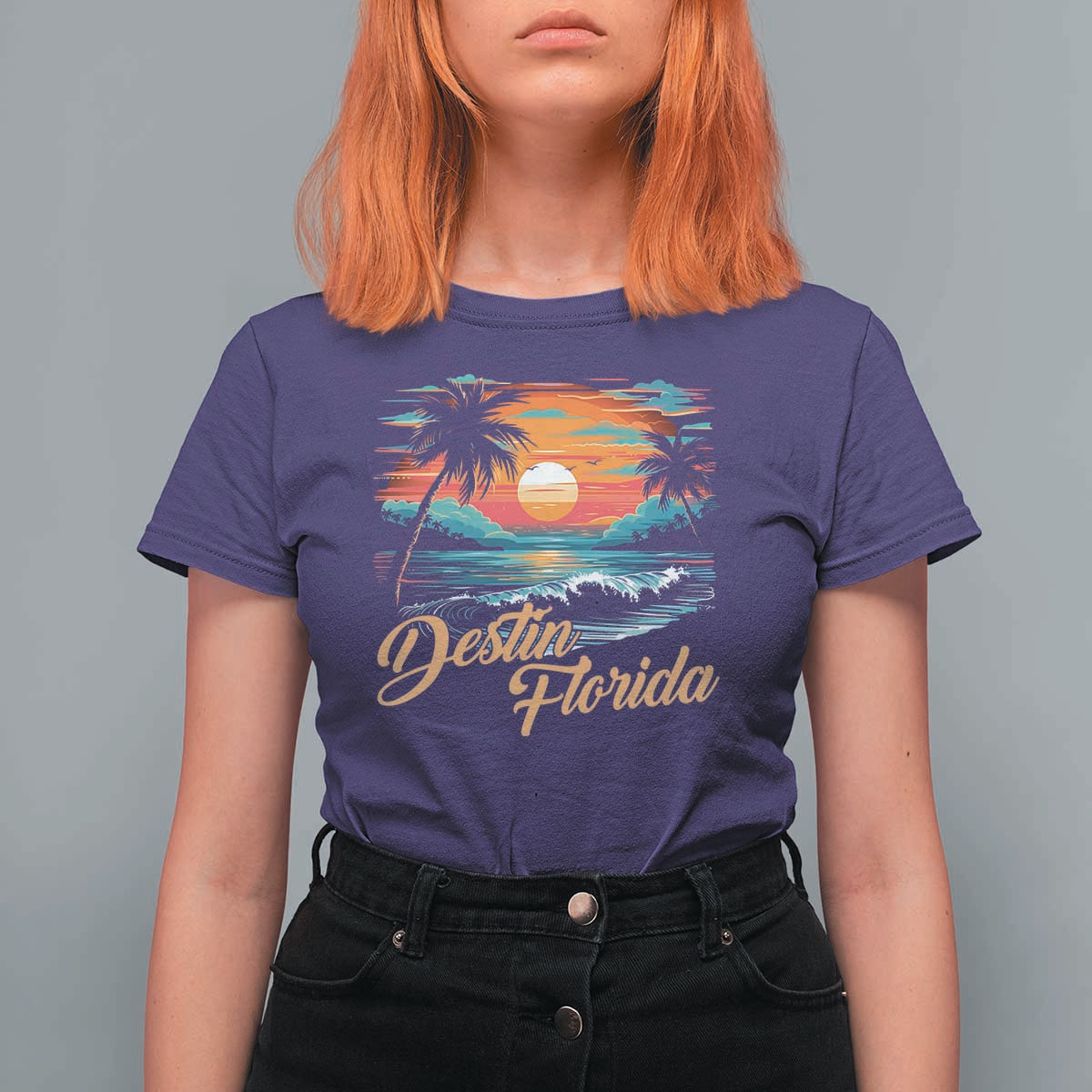 Destin Florida Beach T Shirt For Women Retro Sunset Palm Tree Graphic