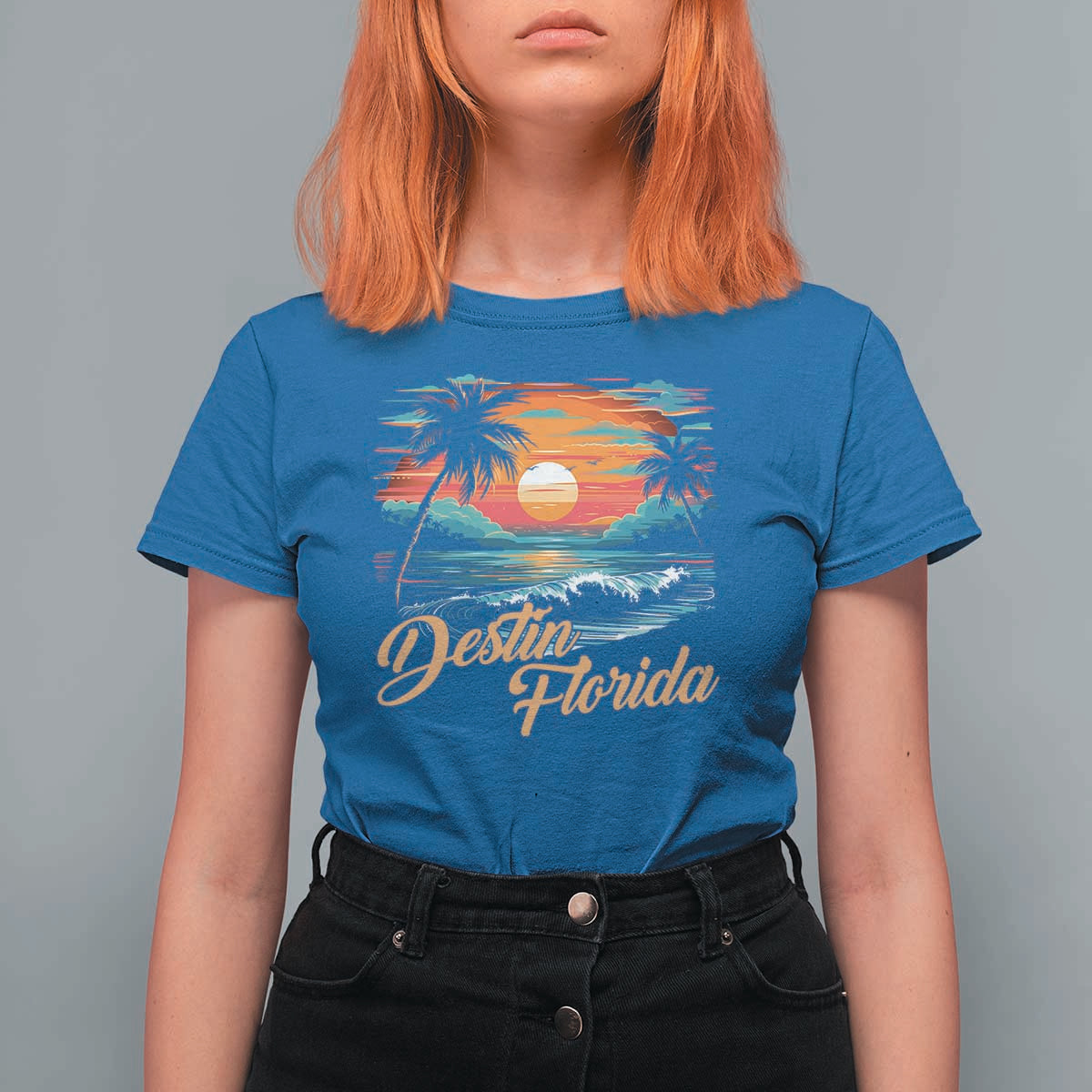 Destin Florida Beach T Shirt For Women Retro Sunset Palm Tree Graphic