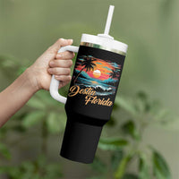 Destin Florida Beach Tumbler With Handle Retro Sunset Palm Tree Graphic